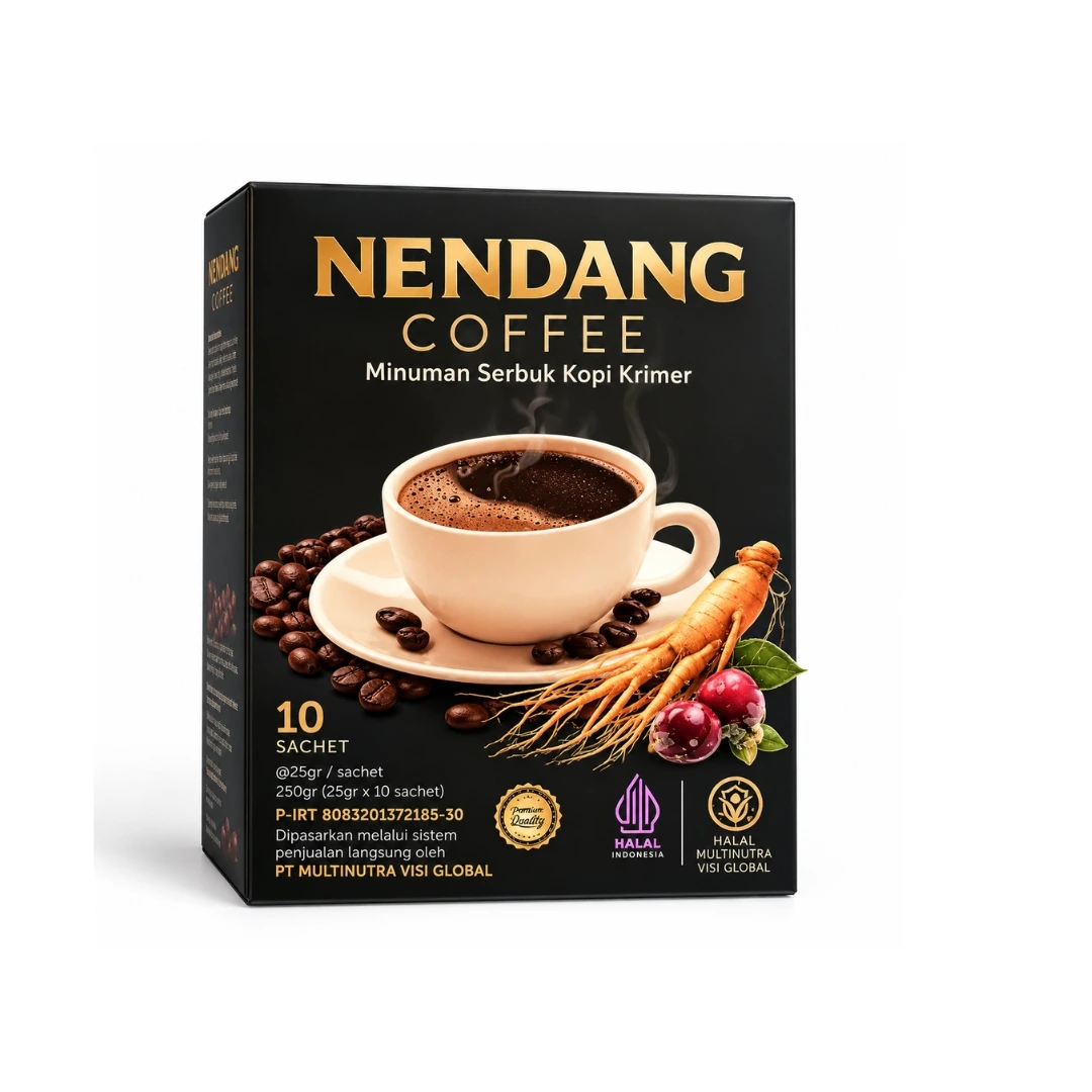 Kemasan Nendang Coffee dan secangkir kopi